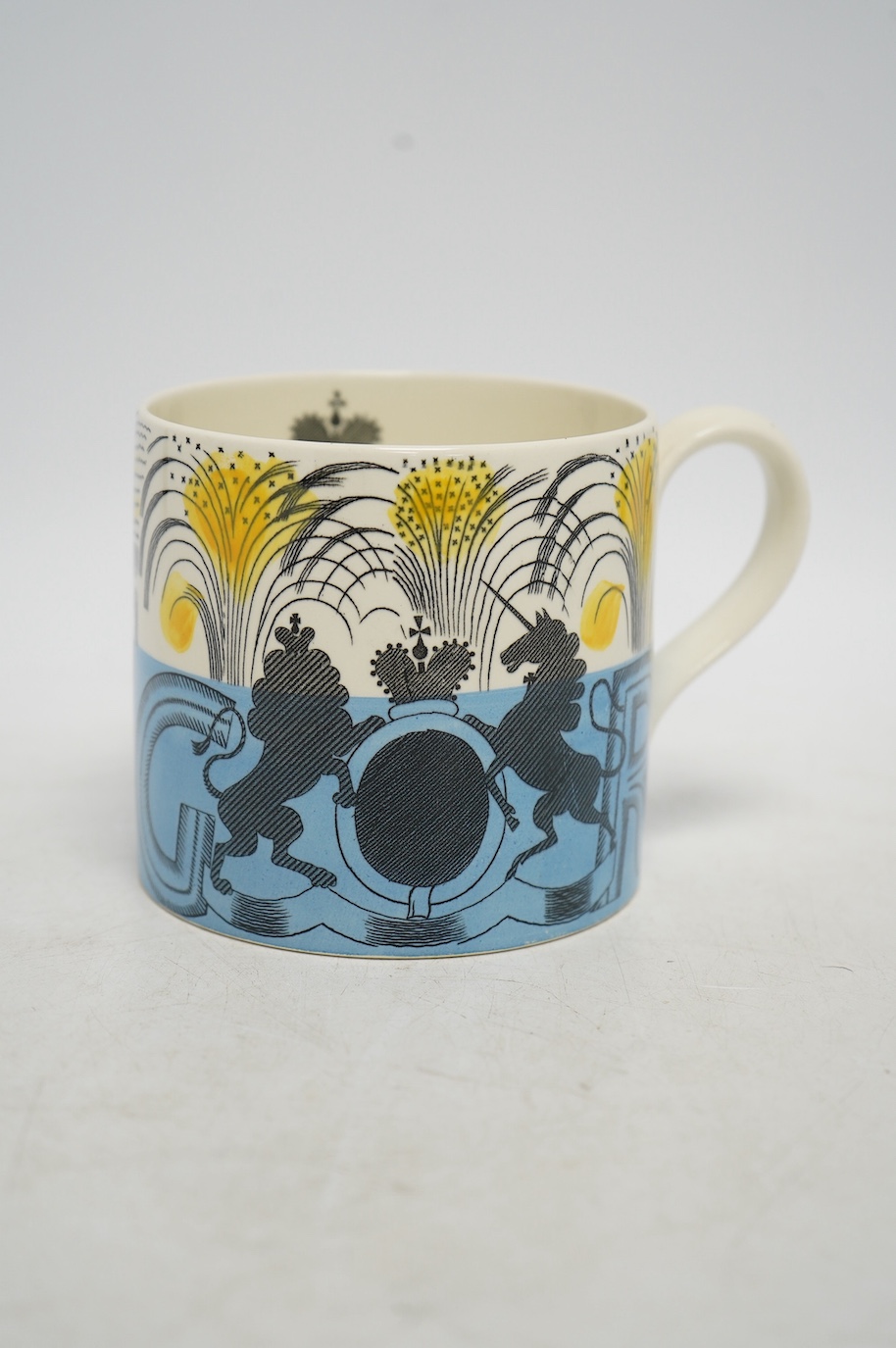 Eric Ravilious for Wedgwood, a commemorative mug, 1937 coronation of George VI, 10cm high. Condition - good